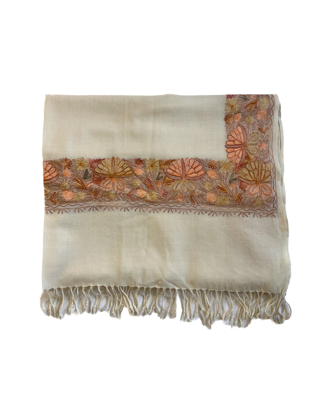 Darshan Chair Wool Meditation Shawl  - Cream with Floral Embroidered Border