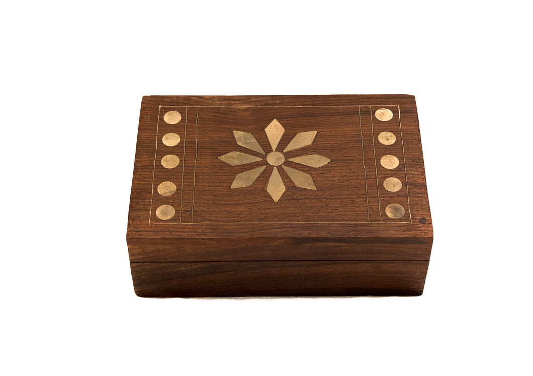Wooden Trinket Box with Inlaid Metal Floral Medallion